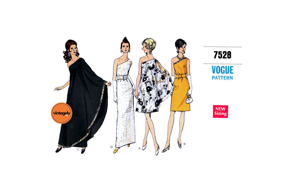 60s Glamorous One Shoulder Dress with Attached Flared Drape in Two Lengths, Bust 31.5 (80 cm) or 38 (97 cm), Vogue 7528, Vintage Sewing Pattern Reproduction