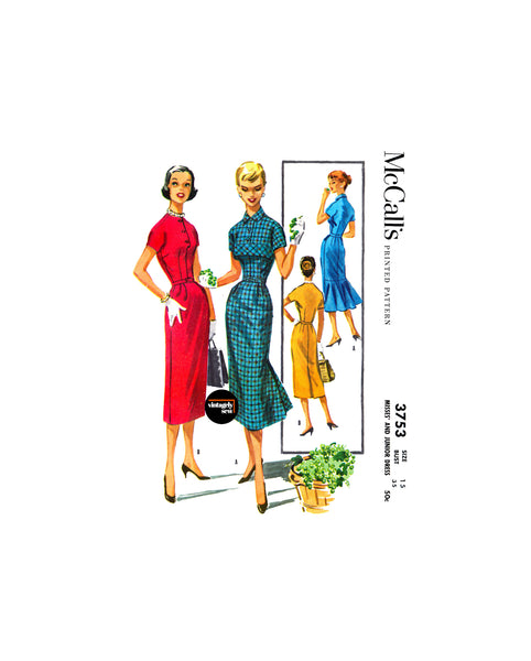 50s Slim Dress with Optional Rear Skirt Flounce, Bust 35 (89 cm), McCall's 3753, Vintage Sewing Pattern Reproduction