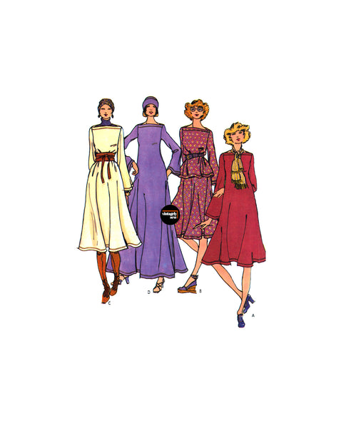 70s Boho Fit and Flare Dress in Three Lengths, Top, Skirt and Hat, Bust 31.5" (80 cm) B4426, Vintage Sewing Pattern Reproduction