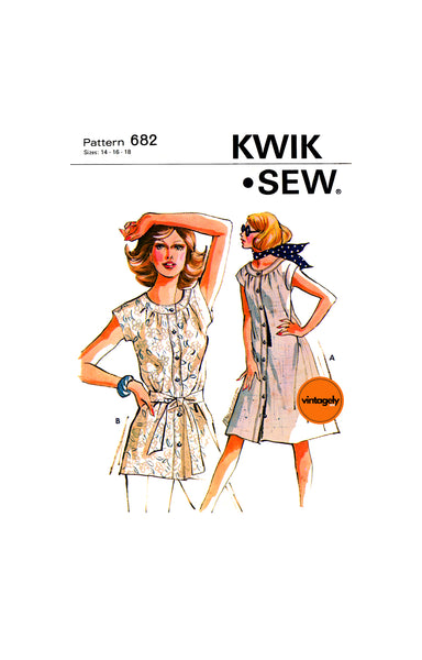 70s Front Buttoned Dress or Tunic Top, Bust 38.5 (98 cm) to 41.5 (106 cm), Kwik Sew 682, Sewing Pattern Reproduction