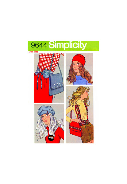 70s Belts, Baker Boy Cap, Panelled Beanie and Shoulder Bag, Adjustable One Size, Simplicity 9644, Vintage Sewing Pattern Reproduction