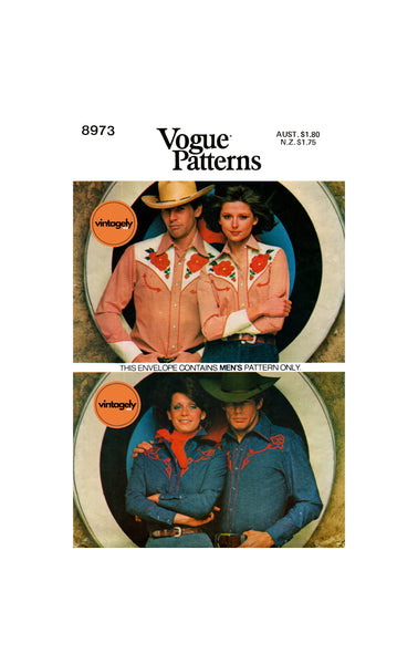 70s Men's Cowboy Shirt with Embroidered Western Yokes, Various Sizes, Vogue 8973, Vintage Sewing Pattern Reproduction