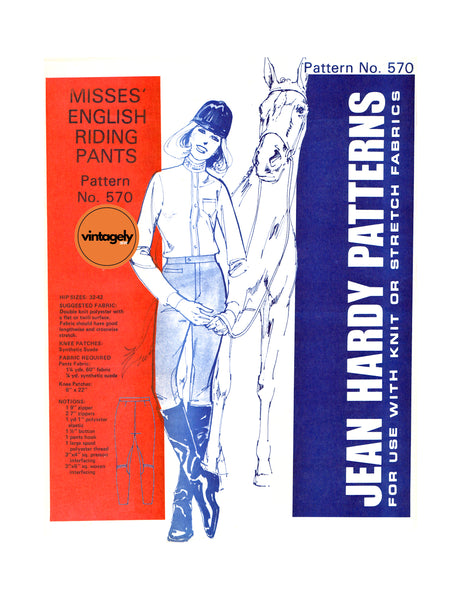 70s Women's Horse-Riding Pants, Hip 32-42 (81-106 cm), Jean Hardy 570, Vintage Sewing Pattern Reproduction