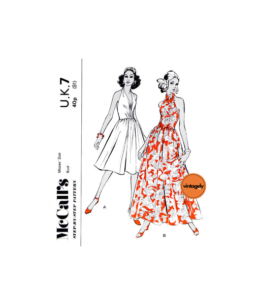 60s Short or Evening Length Halter Dress with Gathered Skirt, Various Patterns Central 60s Short or Evening Length Halter Dress with Gathered Skirt, Various Patterns Central