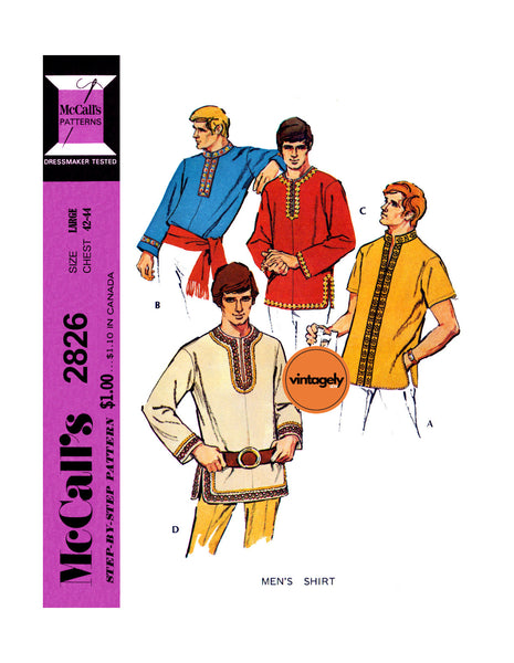 70s Men's Groovy Dashiki Trimmed Shirt with Long or Short Sleeves, Chest 42-44 (107-112 cm), McCall's 2826, Vintage Sewing Pattern Reproduction