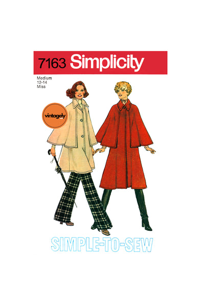 70s Women's Cape Style Winter Coat in Two Lengths, Bust 34-36 (87-92 cm), Simplicity 7163, Vintage Sewing Pattern Reproduction