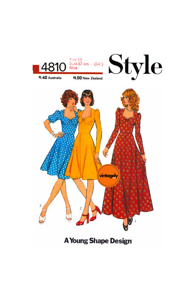 70s Bust Seam Detail Dress in Two Lengths, Bust 34 (87 cm), Style 4810, Vintage Sewing Pattern Reproduction