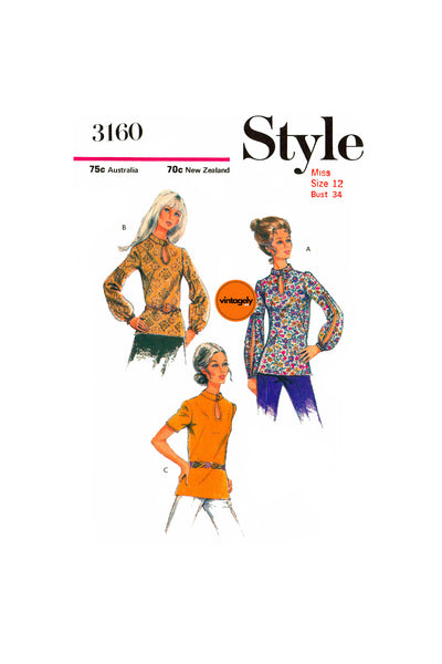 70s Keyhole Blouse with Sleeve Variations, Bust 34 (87 cm) Style 3160, Vintage Sewing Pattern Reproduction