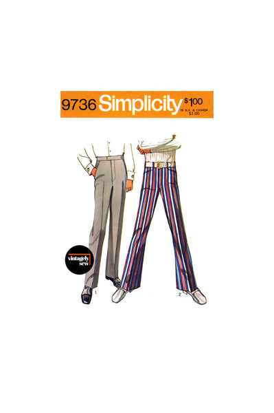 70s Men's Jean-Cut Bell-Bottom or Straight Leg Tailored Pants Waist 30" (76 cm) or 32" (80 cm), Simplicity 9736 Sewing Pattern Reproduction