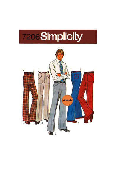 70s Men's Wide Leg Trousers with Shaped Pockets, Waist 32 (81 cm) or 34 (87 cm), Simplicity 7206 Vintage Sewing Pattern Reproduction