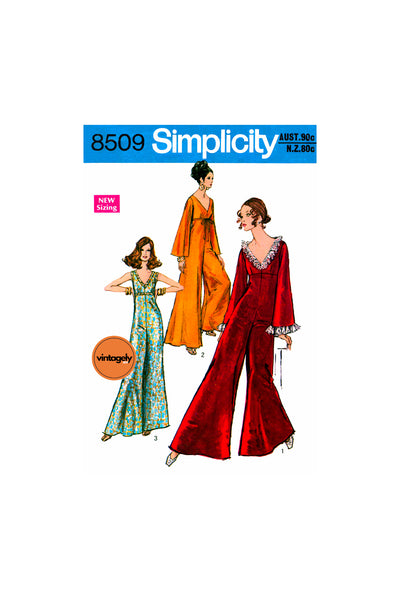 70s Ankle Length Bell Bottom Pantdress with or without Angel Sleeves, Bust 34" (87 cm) or 36" (92 cm), Simplicity 8509, Vintage Sewing Pattern Reproduction