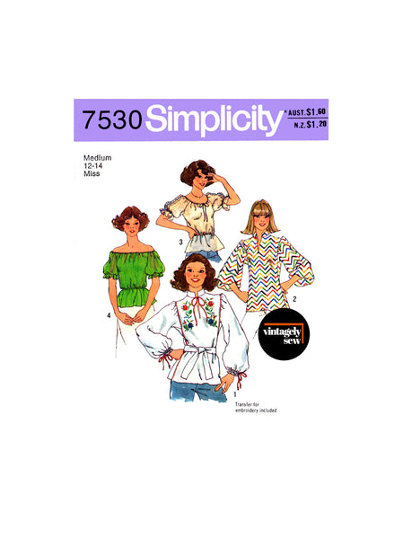70s Pullover Peasant Tops with Long or Short Sleeves, Bust 34 (87 cm) to 36 (92 cm), Simplicity 7530 Vintage Sewing Pattern Reproduction