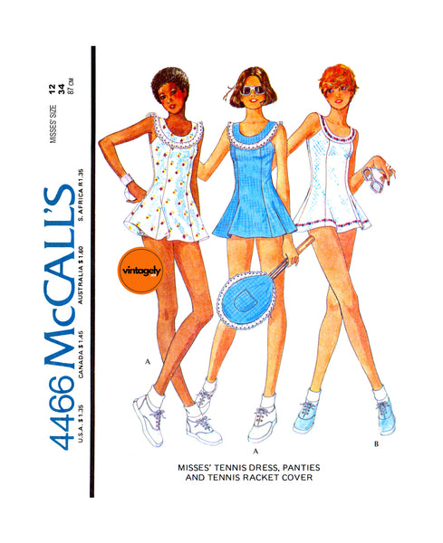 70s Mini Tennis Dress, Panties and Tennis Racket Cover, Bust 34 (87 cm), McCall's 4466, Vintage Sewing Pattern Reproduction