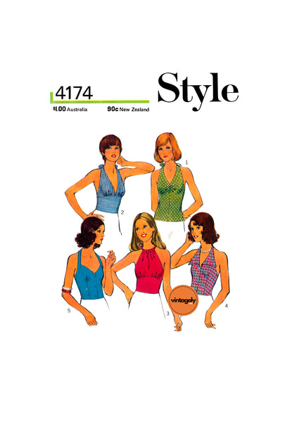 70s Set of Sexy Halter Blouses with Variations, Various Sizes, Style 4174, Vintage Sewing Pattern Reproduction