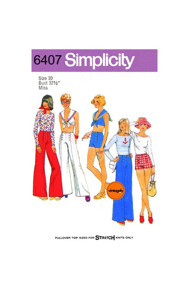 70s Sailor Tops, Wide Leg Pants and Shorts, Bust 32.5 (83 cm), Simplicity 6407, Vintage Sewing Pattern Reproduction