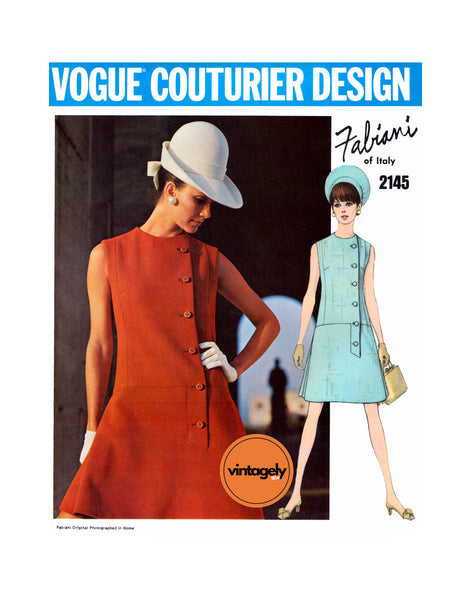 60s A-Line Drop Waist Dress with Side Button Closing, Bust 36" (92 cm) Vogue Couture Design 2145, Vintage Sewing Pattern Reproduction