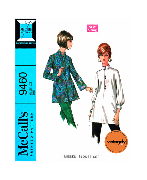 70s Women's Nehru Blouse in Two Styles, Bust 31.5" (78 cm), McCall's 9460, Vintage Sewing Pattern Reproduction