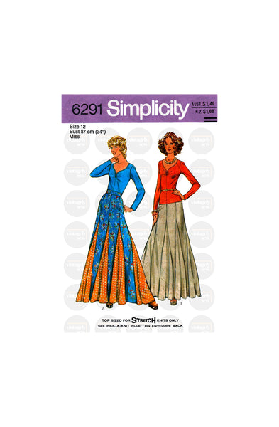 70s Godet Maxi Skirt and Sweetheart Neckline Top, Various Sizes, Simplicity 6291, Vintage Sewing Pattern Reproduction