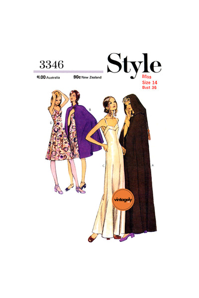 70s Dramatic, Goth Style, Hooded Cape and Evening Dress. Both in Two Lengths, Bust 36 (92 cm), Style 3346, Vintage Sewing Pattern Reproduction