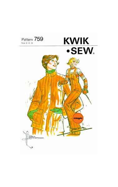 70s Women's Ski Outfit: Bib Pants and Lined Jacket, Bust 32.5-35.5 (83-90 cm), Kwik Sew 759, Vintage Sewing Pattern Reproduction