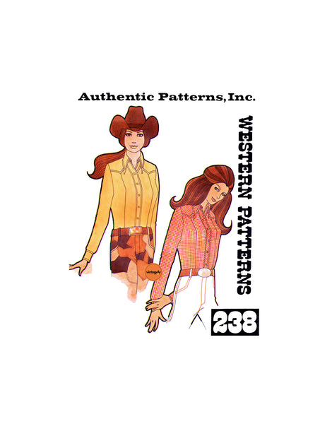 70s Women's Fitted Western/Cowgirl Body Shirt, Various Sizes, Authentic Patterns 238, Vintage Sewing Pattern Reproduction
