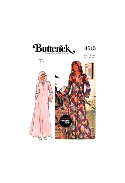 70s Flared, Evening Length Caftan with Hood, Bust 31.5 (80 cm) to 32.5 (83 cm), Butterick 4513, Vintage Sewing Pattern Reproduction