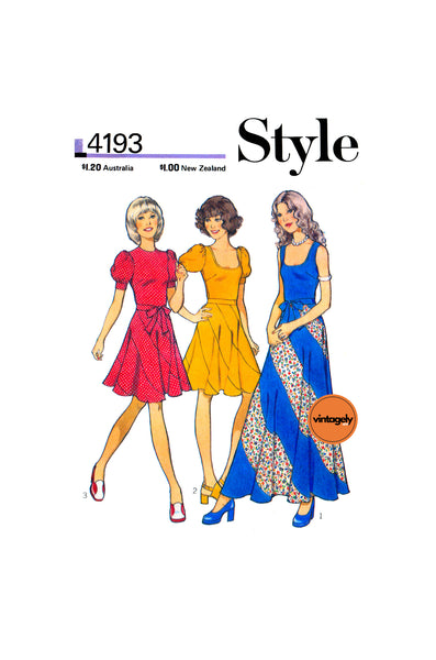 70s Two Piece Swirl Skirt Dress in Two Lengths, Bust 34 (87 cm) or 36 (92 cm), Style 4193, Vintage Sewing Pattern Reproduction