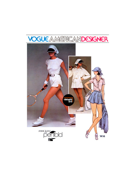 70s Tennis Jacket, Dress, T-Shirt, Skirt, Briefs and Visor, Bust 32.5 (83 cm), Vogue 1414, Vintage Sewing Pattern Reproduction