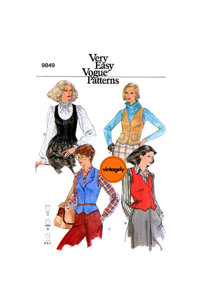 70s Semi-Fitted, Below Waist Vest with Variations, Various Sizes, Vogue 9849, Vintage Sewing Pattern Reproduction