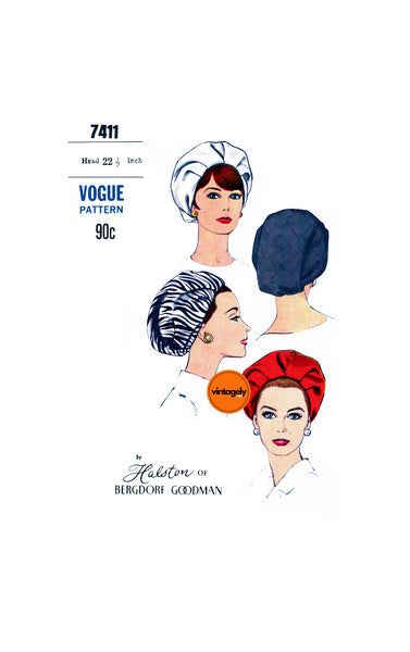 60s Draped Hat on Foundation by Halston, Head Size 22.5 (57.2 cm), Vogue 7411, Vintage Sewing Pattern Reproduction