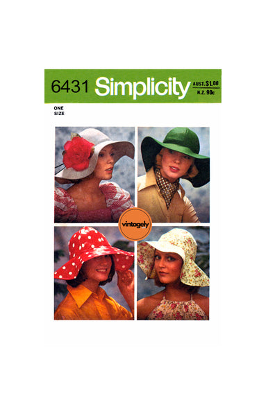 70s Wide Brimmed, Top Stitched Sun Hat, Adjustable One Size, Simplicity 6431, Vintage Sewing Pattern Reproduction