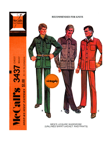 70s Men's Unlined Shirt-Jacket and Pants, Various Sizes, McCall's 3437, Vintage Sewing Pattern Reproduction