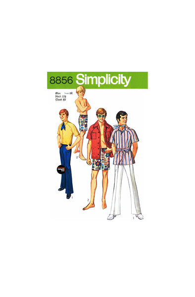 70s Men's Shirt, Hip-Hugger Shorts & Bell-Bottom Pants, Chest 40 (102 cm), Simplicity 8856 Vintage Sewing Pattern Reproduction