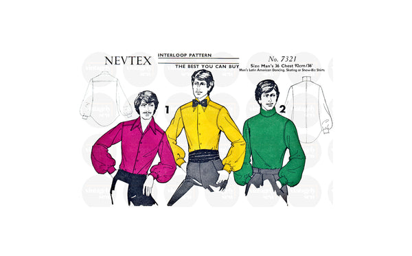 60s Men's Latin American Dancing or Skating Tops with Bishop Sleeves, Chest 36 (92 cm), Nevtex 7321, Vintage Sewing Pattern Reproduction