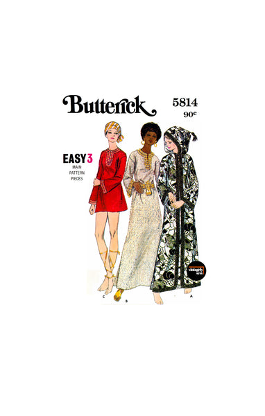 70s Slightly A-line Caftan in Two Lengths with Optional Hood, Various Sizes, Butterick 5814, Vintage Sewing Pattern Reproduction