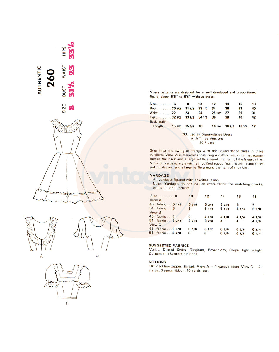 Aut Pattern List 70s Women's Square Dance Dress in Three Styles, Bust 31.5 (80 cm), Aut ...