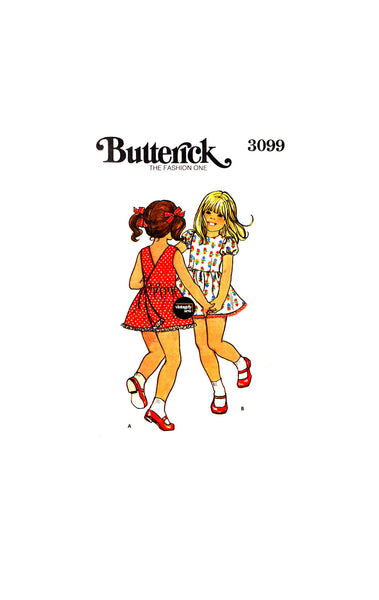 70s Girls' Back Wrapped Dress and Bloomers, Size 2 (21'/53 cm) or Size 3 (22"/56 cm), Butterick 3099, Vintage Sewing Pattern Reproduction