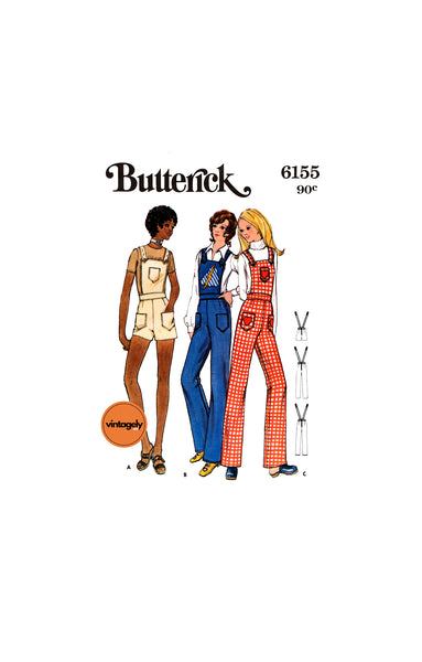 70s Top-Stitched Overalls in Two Lengths, Various Sizes, Butterick 6155, Vintage Sewing Pattern Reproduction