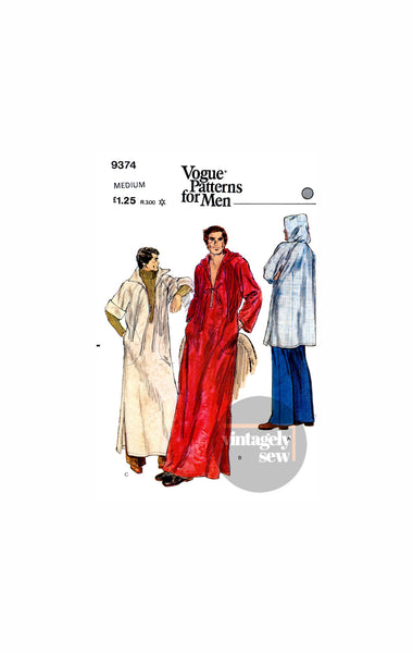 70s Men's Hooded Caftan or Tunic, Chest 38-40 (97-102 cm) or 42-44 (107-112 cm), Vogue 9374 Vintage Sewing Pattern Reproduction