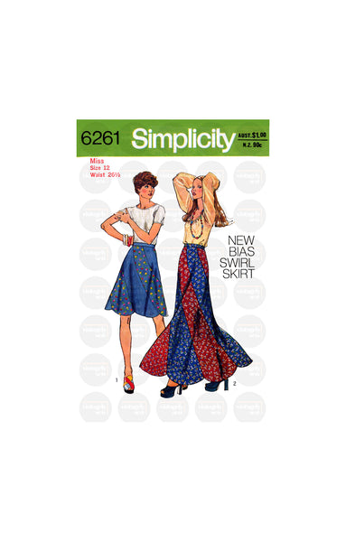 70s Bias Swirl Skirt with Scalloped Lower Edge in Two Lengths, Waist 26.5" (67 cm) Simplicity 6261, Vintage Sewing Pattern Reproduction