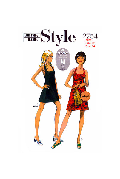 70s Easy Halter Neckline Dress in Micro Mini or Regular Length, Bust 34" or 38", Style 2754 Sewing Pattern Reproduction