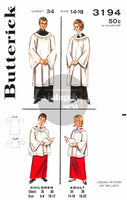 50s Unisex Adult or Child Choir Robes, Chest 30" (76 cm) or 38" (97 cm),  Butterick 3194, Vintage Sewing Pattern Reproduction
