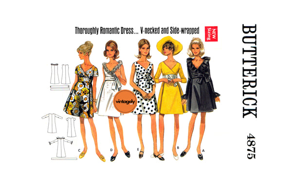 60s A-line, V-Neck Wrap Dress with or without Sleeves, Bust 31.5 (78 cm), 34 (87 cm) or 36 (92 cm), Butterick 4875, Vintage Sewing Pattern Reproduction