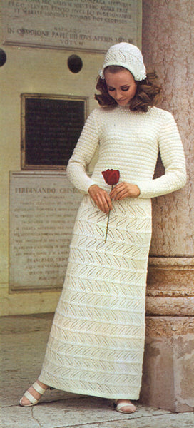 Vintage Knit Wedding Dress with Bonnet 1970s Instant Download PDF 3 pages