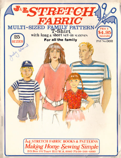 J&L 002 Sewing Pattern, T-Shirt For All The Family, Multi-Size, Uncut, Factory Folded