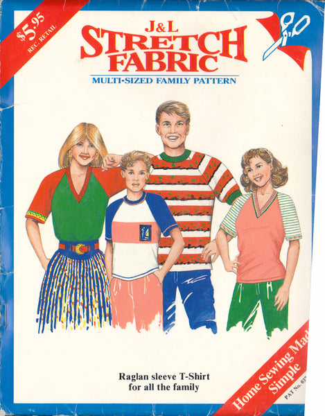 J&L 037 Sewing Pattern, Raglan Sleeve T-Shirt For All The Family, Multi-Size, Uncut, Factory Folded