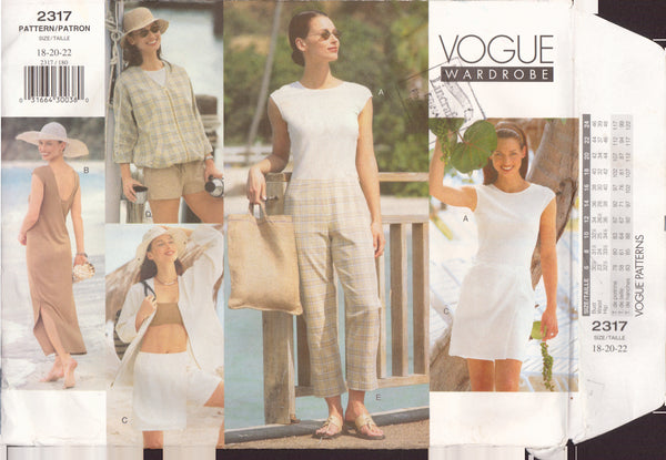Vogue 2317 Sewing Pattern, Jacket, Bandeau, Dress, Top, Skort, Shorts and Pants, Size 18, Cut, Complete