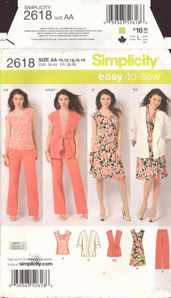 Simplicity 2618 Sewing Pattern, Women's Pants, Jacket or Vest, Scarf or Sash, and Knit-Dress and Top, Size 10-18, Uncut, Factory Folded