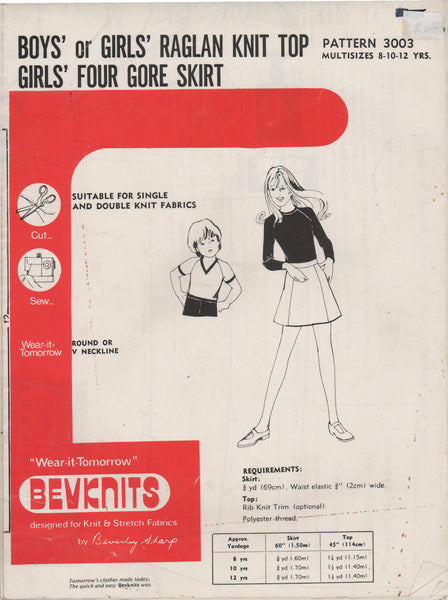 Bevknits 3003 Sewing Pattern, Boys' or Girls' Top, Four Gore Skirt,  Size 8-10-12 Years, Uncut, Factory Folded