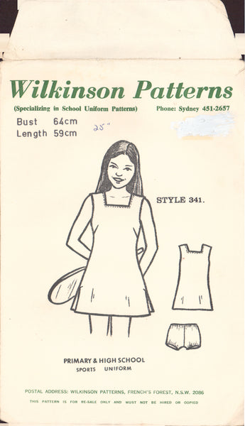 Wilkinson 341 Sewing Pattern, Primary & High School Sports Uniform, Bust 64cm Length 59cm, Uncut, Factory Folded, "Unprinted"